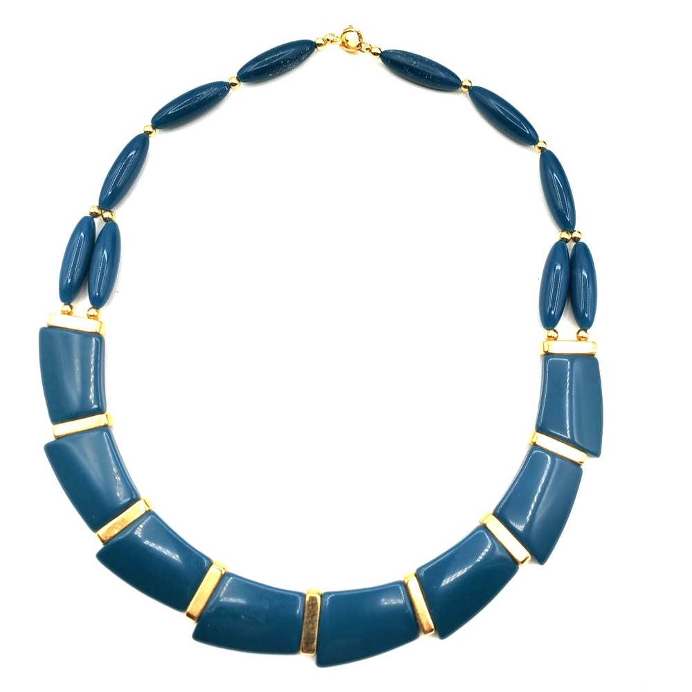 Vintage Trifari Teal Blue Lucite & Gold Tone 16" Choker 1980s Necklace